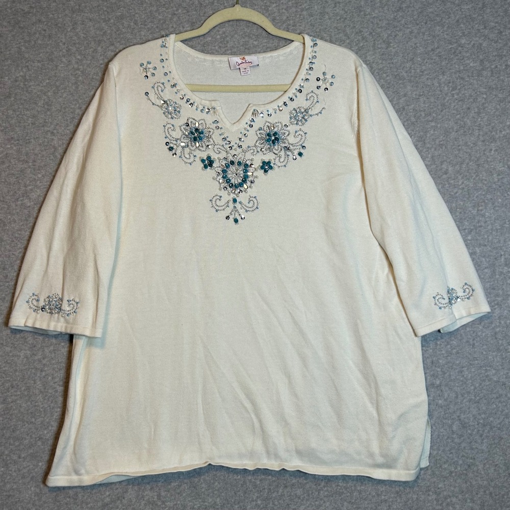 Quacker Factory Knit Top Womens 1X Ivory Blue Beaded Floral Coquette Grandmacore